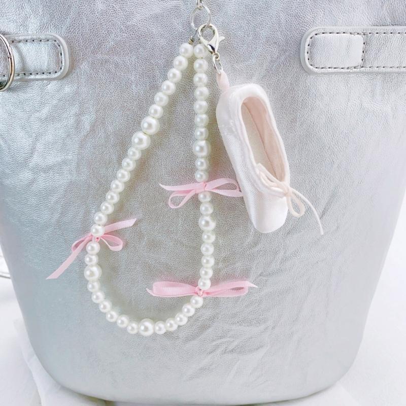 Fashionable Ballet Shoe Keychain Charm with Pearls Ribbon Designs Lovely and Stylish Accessory Portable for Girls