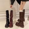 Fashion Knee High Belt Buckle Round Toe Thick Sole Platform Chunky Heels Women Boots Solid Color Slip on Ins Western Sexy Shoes
