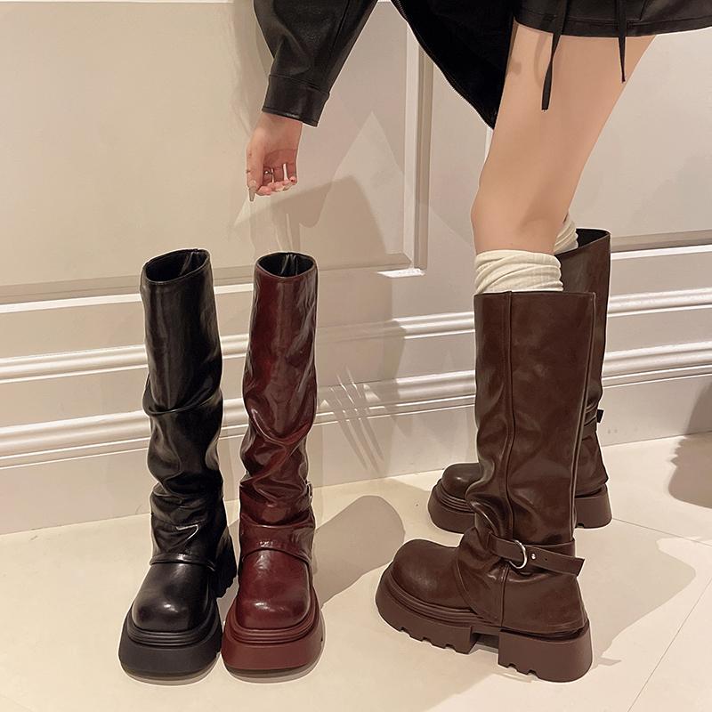 Fashion Knee High Belt Buckle Round Toe Thick Sole Platform Chunky Heels Women Boots Solid Color Slip on Ins Western Sexy Shoes