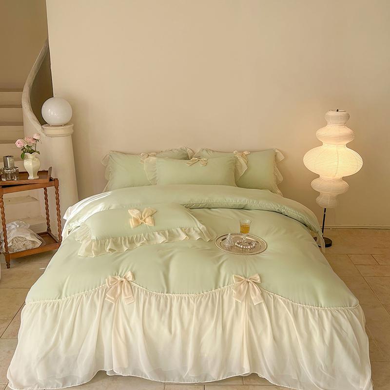 

French Princess Style Bedding Sets Ruffle Lace Bow Quilt Cover Romantic Wedding Bedclothes Decor Woman Girls Bedroom Duvet Cover Queen 200x230 4pcs зелений