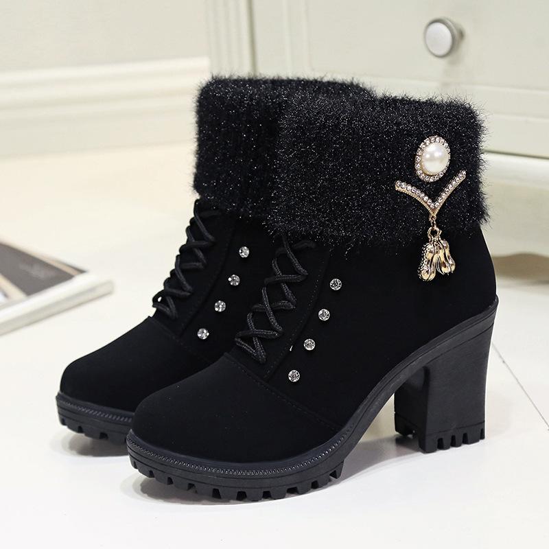 Autumn and Winter Warm Martin Boots Thick Heel High Heel Women's Fashion Boots Lace-up Wool Flanged Short Boots