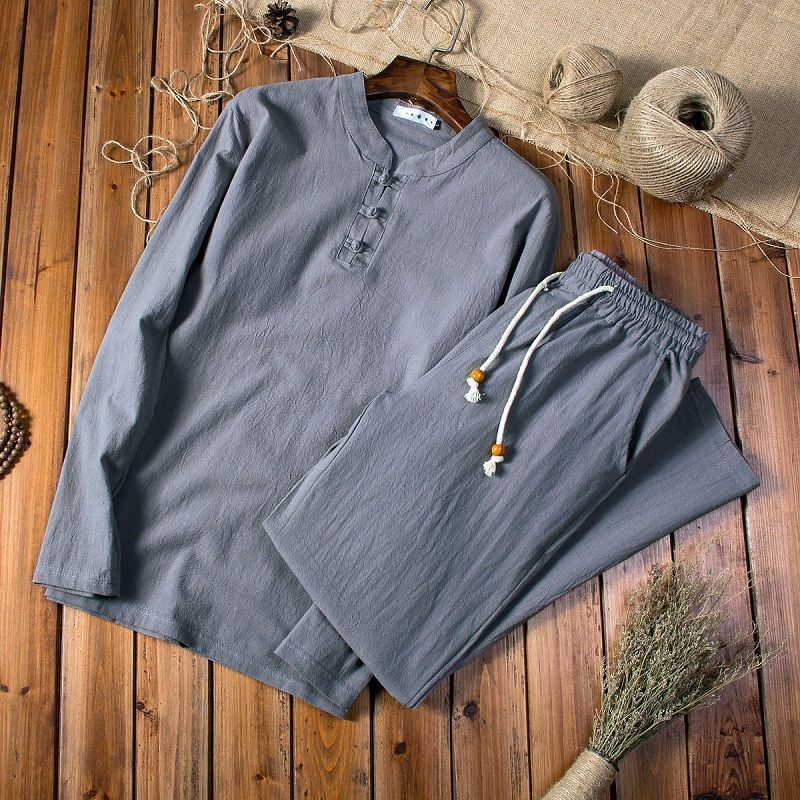 Spring Autumn Linen Suit Men's Long-sleeved Trousers Breathable Men's Casual Summer Cotton Linen Two-piece Suit