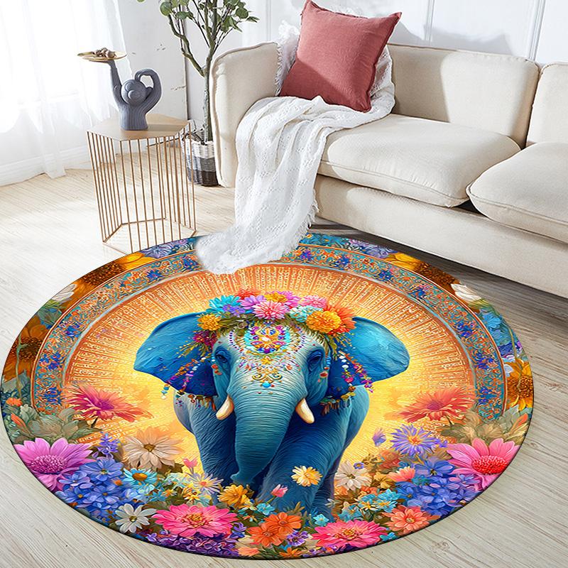 Elephant Round Area Rug,Carpet Rug for Living Room Bedroom Sofa Playroom Decor,Non-slip Floor Mat