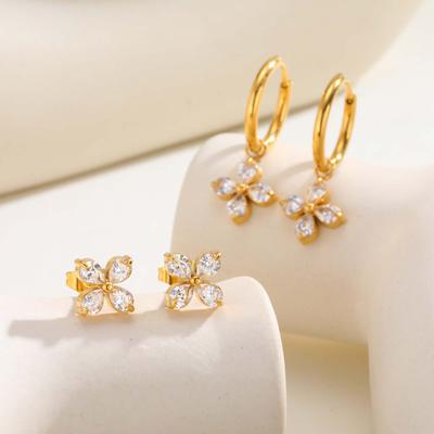 Luxury Zircon Four Leaf Flower Hoop Earrings for Women, Hypoallergenic Stainless Steel Charm Earrings, Party Jewelry Gift
