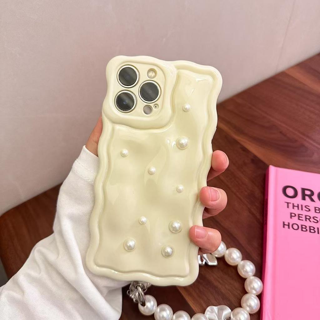 Japan and Korea gentle pearl chain for iPhone16Pro max Apple 15 mobile phone case 14/13 white soft case