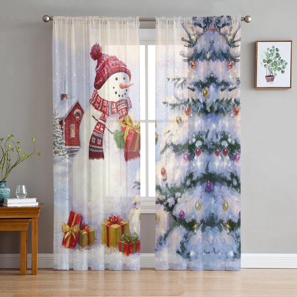 Christmas House Santa Claus Snowman Elk Sheer Voile Curtains Living Room Bedroom Window Drapes Balcony Screen Tulle Curtains