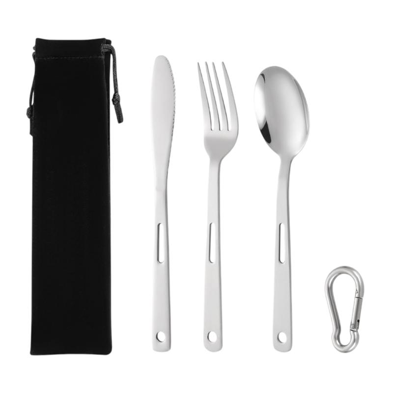Stainless Steels Utensils Flatware Camping Cutlery Set with Carabiner Fork Spoon Cutter for Outdoor Picnics Hikings