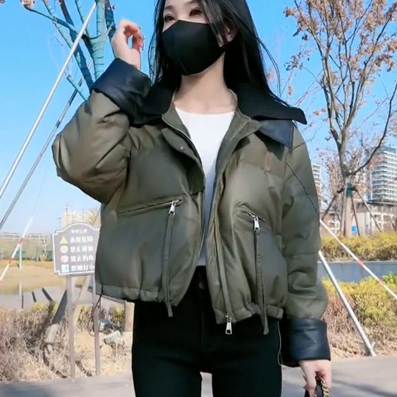 

Вязаный воротник короткая пуховая хлопковая одежда 2025 зима новая мода ПУ кожа контрастный цвет сращивание свободная и тонкая хлопковая одежда M зелёный