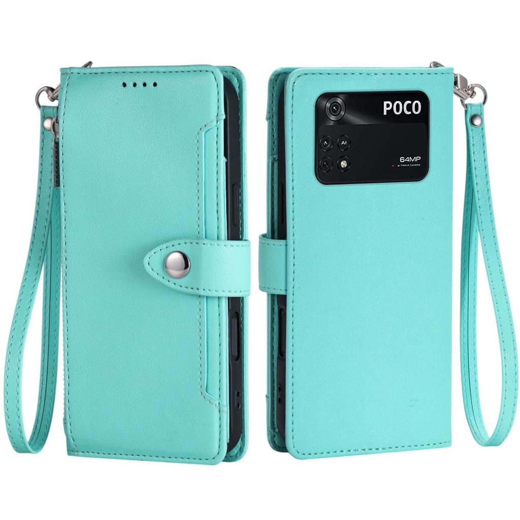 Zipper Pocket Wallet Flip Leather Phone Case for Xiaomi POCO M4 Pro 4G Multi Card Slots Kickstand Cover Wrist Strap