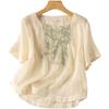 Embroidered cotton and linen top literary retro loose feeling short-sleeved cotton and linen T-shirt summer new women
