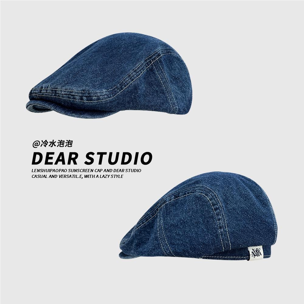 

Quality Retro Denim Beret Women s Summer Versatile Washed Old Big Head Circumference Showing Small Face Forward Hat синий