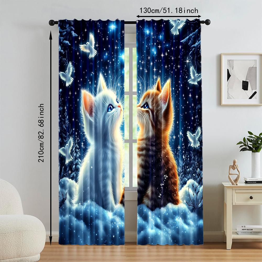 2Pcs Adorable Cat And Star Print Polyester Window Curtains Rod Pocket Design For Easy Hanging Home Decor Perfect For Bedroom
