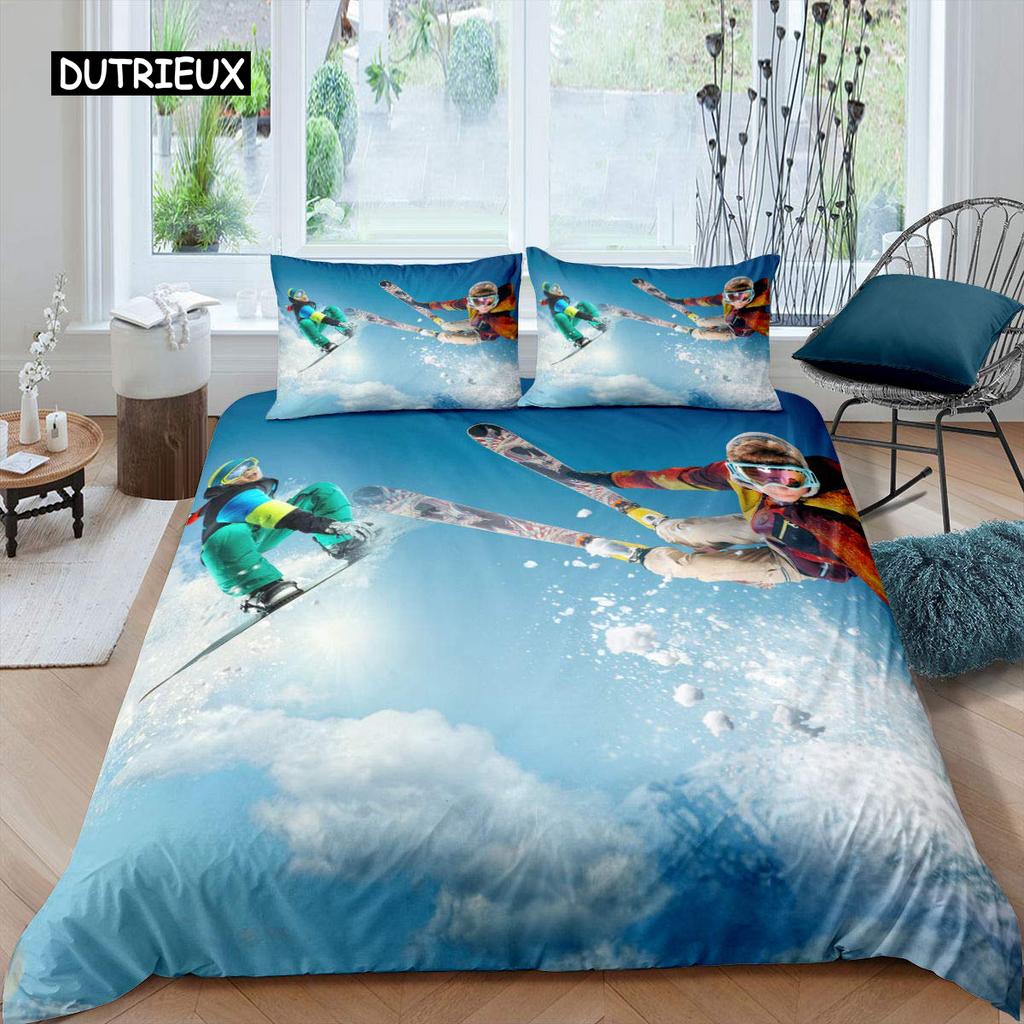 Ski-Bettbezug-Set, Cartoon-Ski-Bettwäsche-Set, Sport-Thema, Bettbezug, Extremsport-Design, Queen- und King-Size-Bettbezug