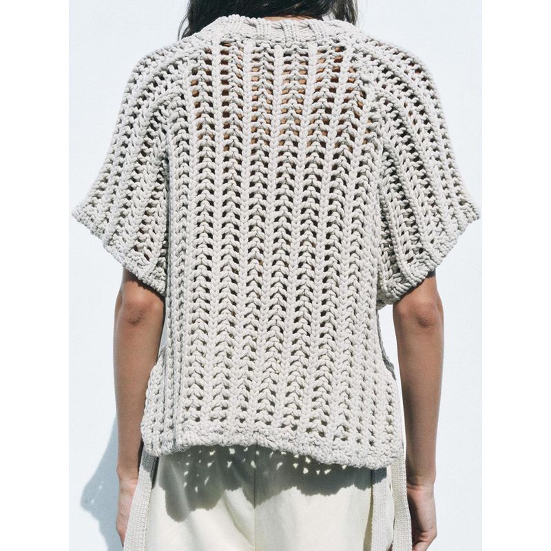 Za2024 Autumn New Women's Clothing Fashion Side Belt Decoration Thick Needle round Neck Casual Short Sleeve Tops 2142116