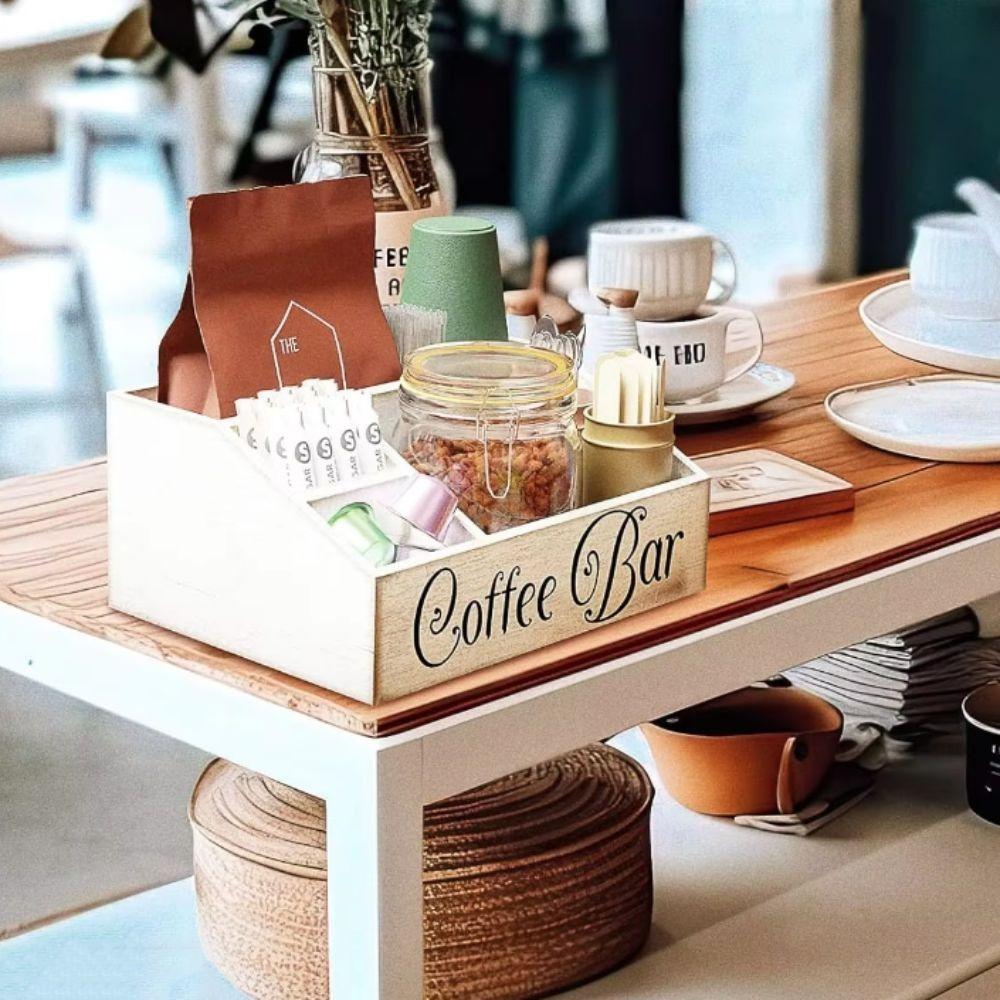 Wooden Countertop Coffee Bar Organizer Multi-compartment Rustic Coffee Storage Box Durable Tea Bag Basket Office
