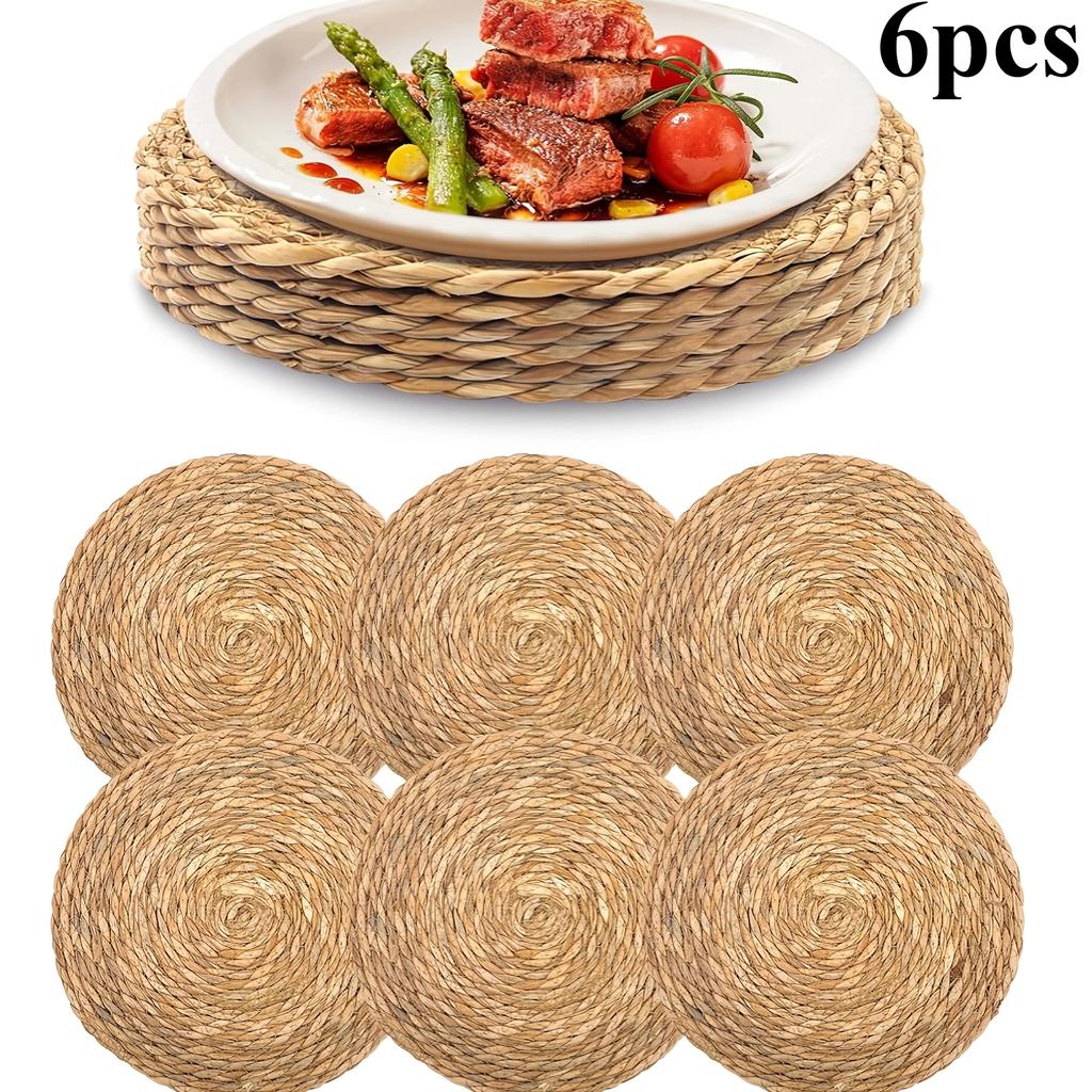 6-teilige handgewebte Rattan-Platzsets - runde gewebte Tischsets, geeignet für Esszimmer und Wohnzimmer, hitzebeständig