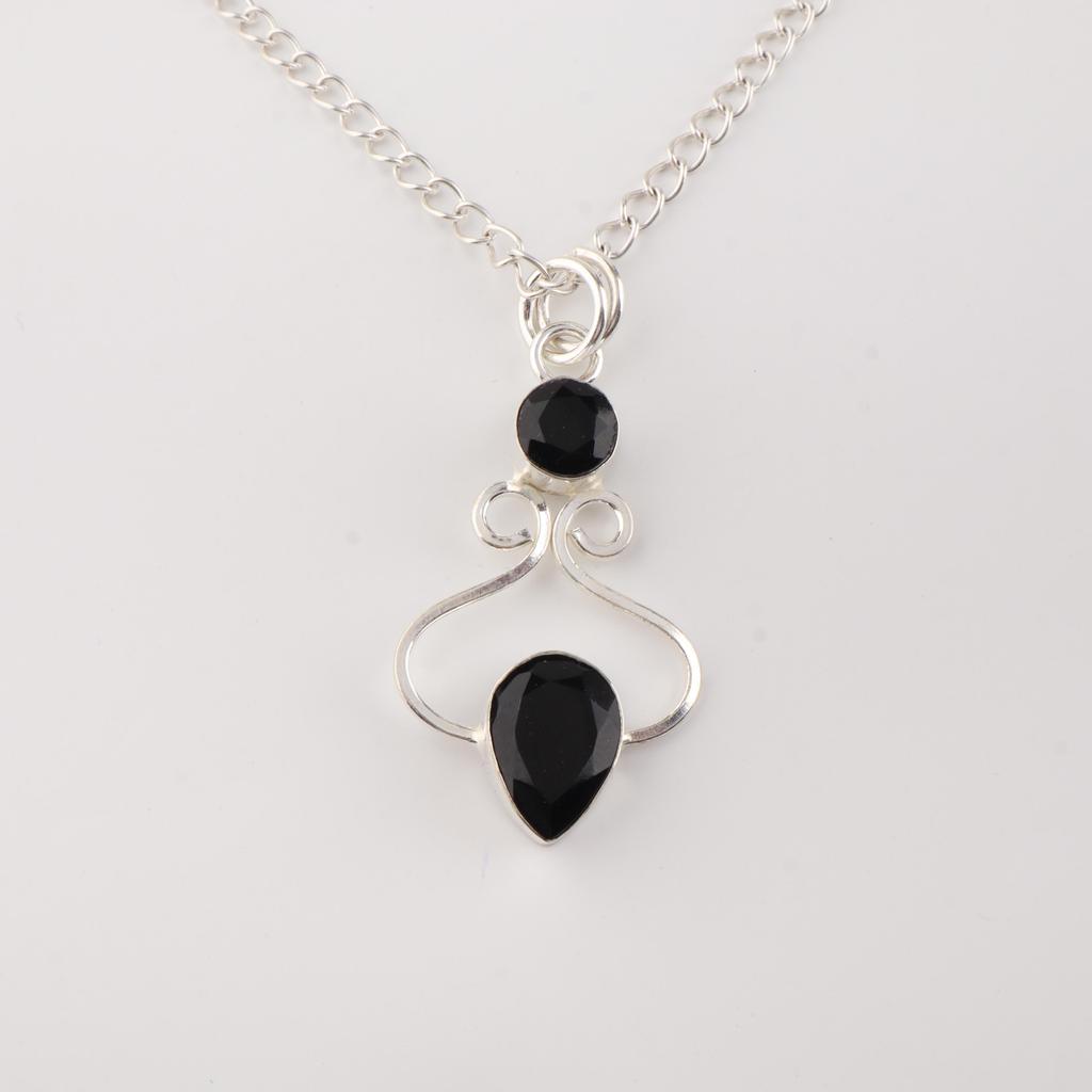 Black Onyx Gemstone 925 Sterling Silver Handcrafted Pendant 1.5" Gift For Wife PP-13-13