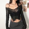 Y2K Fairy Grunge Transparent T-shirt Long Sleeve Off Shoulder Split Crop Top Sexy Women Wave Frill Asymmetric Tees Streetwear