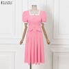 ZANZEA Damen Quadratkragen Lässig Kurzarm Elegantes Kleid