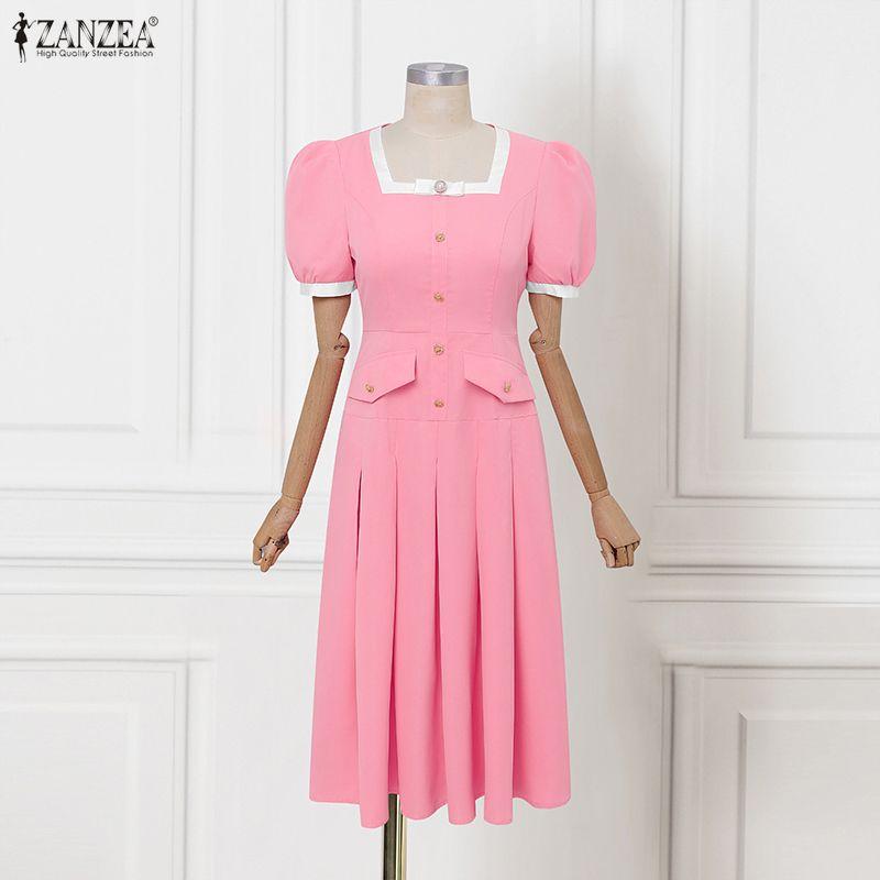 ZANZEA Damen Quadratkragen Lässig Kurzarm Elegantes Kleid