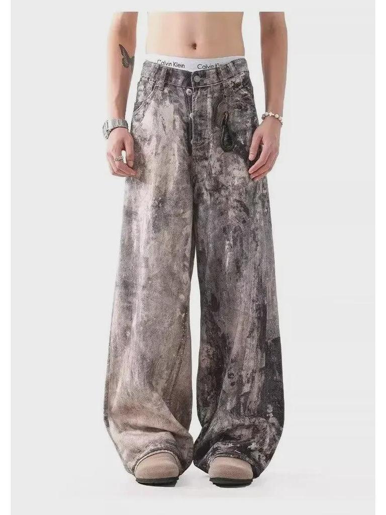 2024 Blugi Unisex cu Talie Înaltă și Picior Larg, Vopsiți prin Jet de Cerneală, Distresați