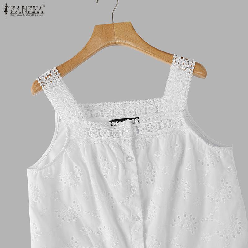 ZANZEA Women Lace Splice Square Collar Summer Casual Sleeveless Vest Tops