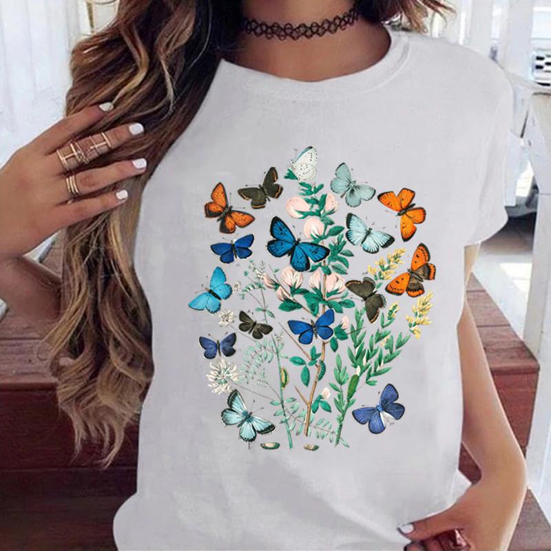 Women's Butterfly Tree Printed Harajuku Summer T-shirt Casual Round Neck Short Sleeve Top T-shirt Fashion Versatile Clothing