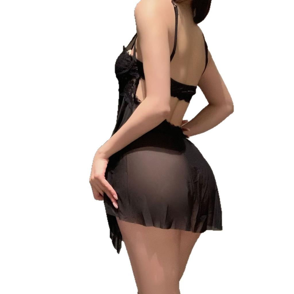 Erotic underwear European and American front open sexy dress mesh lace bow pure desire nightdress