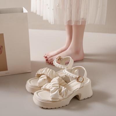 Fashion 2024 Summer New Open Toe Pearl Button Strap Thick Sole Waterproof Platform Sandals for Women Thick Sole Shoes for Women's