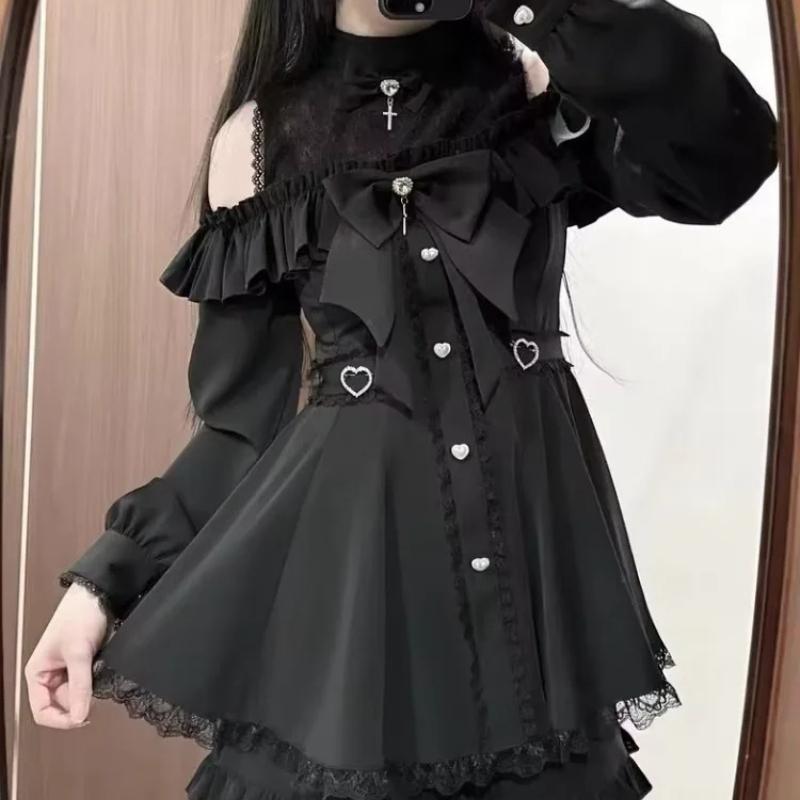Japanese Y2 Aesthetics Vintage Bow Dress Shorts Set Women Gothic Lolita Style Long Sleeve Shirt Dress Elegant Party Dress Suits