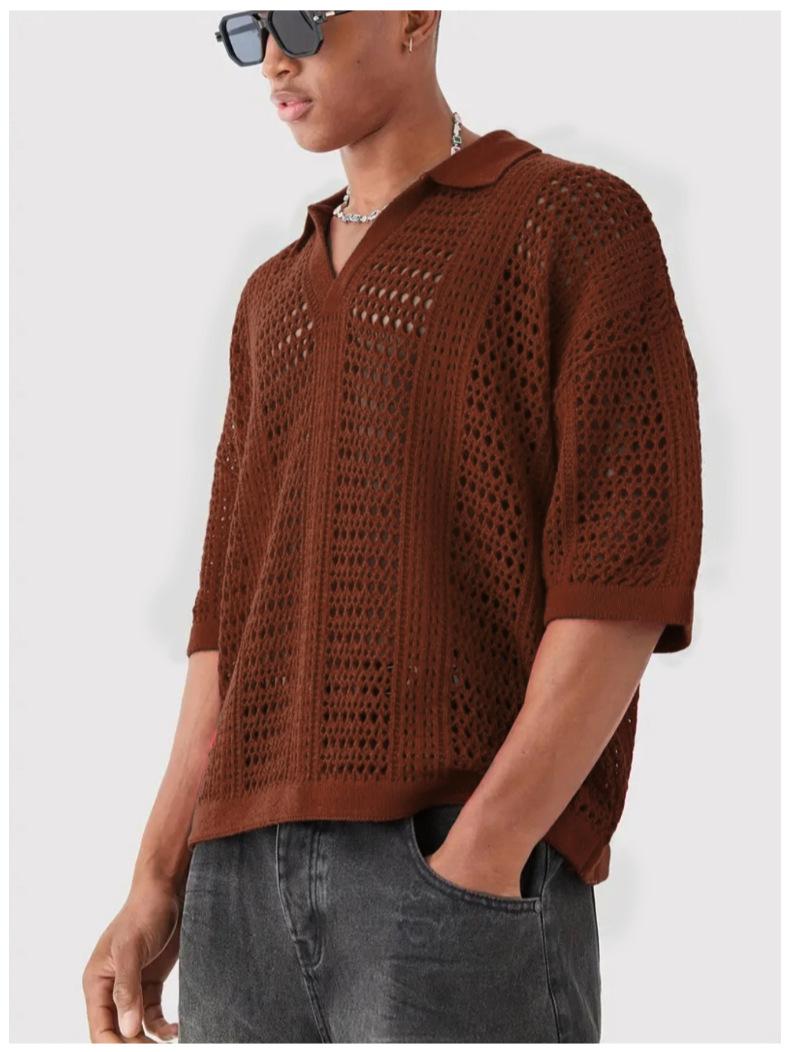 

Men s Red Knit Polo Shirt with V-Neck and Short Sleeves, Breathable Openwork Design, Casual Summer Top XXL темно-коричневого