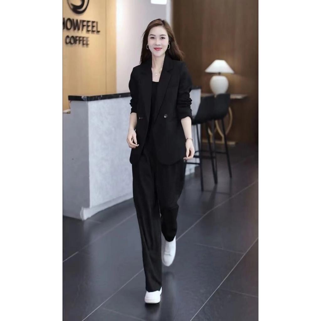 Spring New Plus Size Suit Set: Loose Fit Slimming Casual Blazer with Elastic Waist & Straight Leg Pants, Two-Piece Professional Outfit