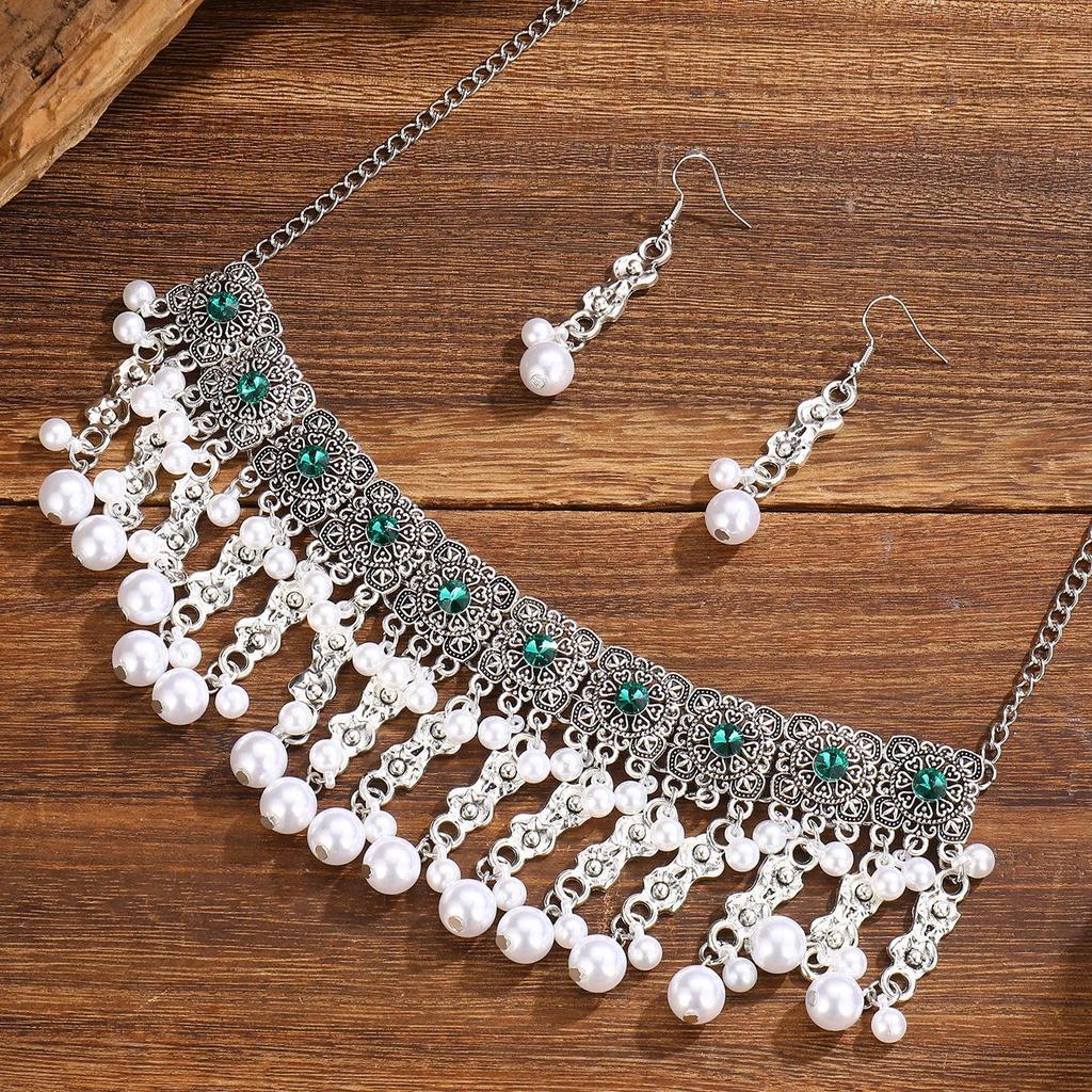 Bohemian Pearl Tassel Necklace & Earring Set in Ethnic Southeast Asian Style