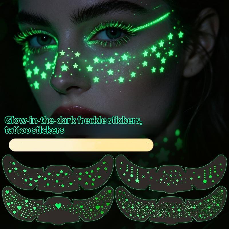 4 Sheets Luminous Freckle Tattoo Stickers Long Lasting Luminous Sparkle Star Heart Pattern Face Art Waterproof Tattoo Stickers
