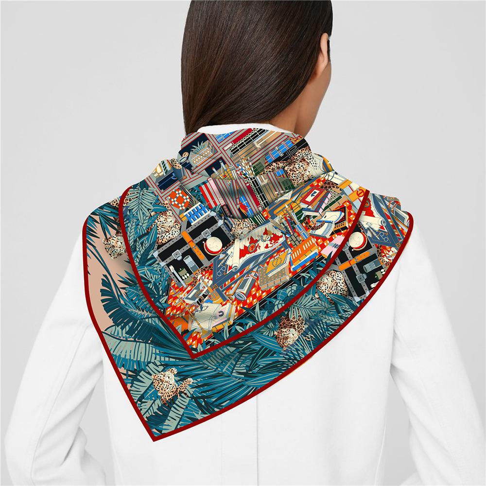 New 90CM Brand Luxury Twill Silk Scarf for Women Leopard Jungle Library Wrap Headband Shawl Stole Hijab Lady Square Scarves