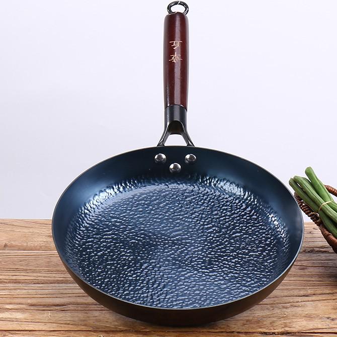 Patelnia Zhangqiu z łuską ryby, nieprzywierająca, z płaskim dnem, do smażenia stir-fry i omletów - Trwały, niepowlekany, ręcznie robiony wok