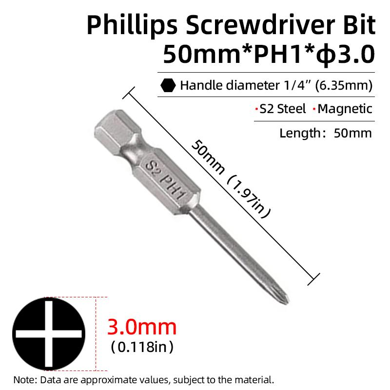 50mm Phillips Screwdriver Bit PH00/PH0/PH1/PH2 1/4” Hex Shank Magnetic S2 Steel Cross Head Screw Driver Bits Hand Power Tools