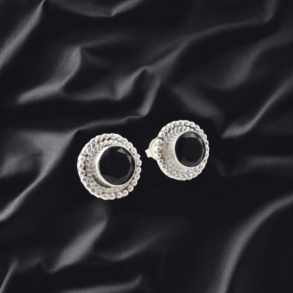 Black Onyx Gemstone 925 Sterling Silver Jewelry Handmade Studs 0.5" Women Gift EE-128-6