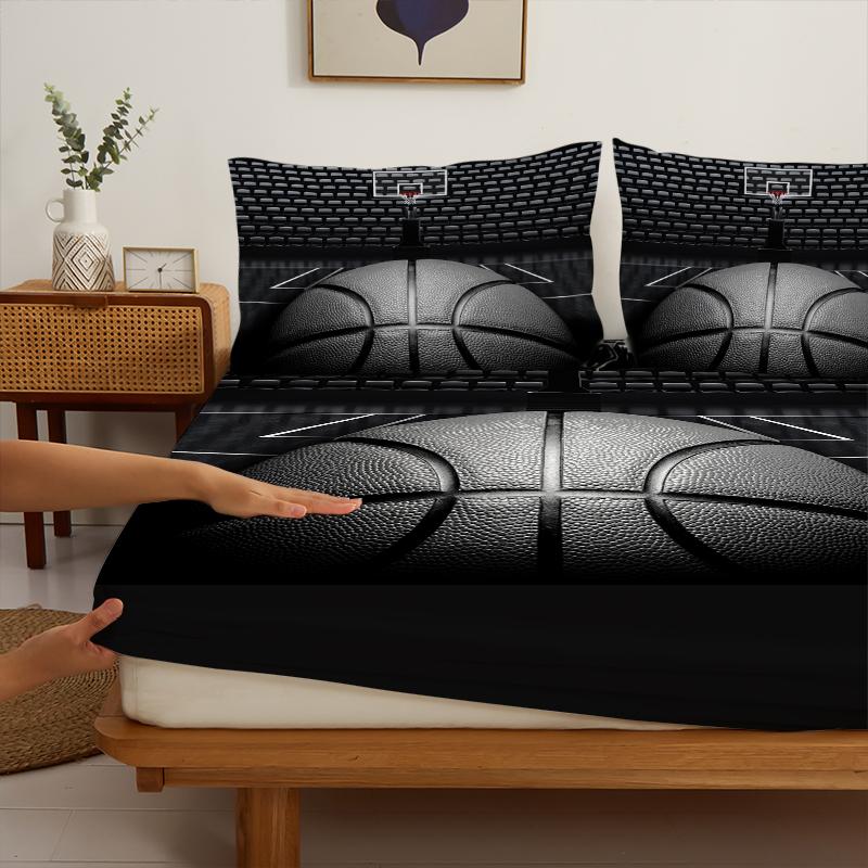 3PC Basketball Court Bed Sheet, Fitted Sheet*1+Pillowcases*2, Suitable For Bedrooms And Guest Rooms, Comfortable And Soft Fabric