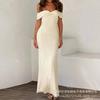 European and American New Temperament Slim Fit Solid Color One-word Shoulder Halter Suspender Summer Dress Long Dress Women's Clothing