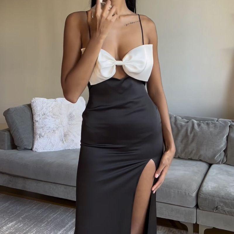 

Dress New Sheath Tube Top Long dress Holiday Style Butterfly Contrast Color Chest Cup Sling Split One piece Dress Women clothing Black L