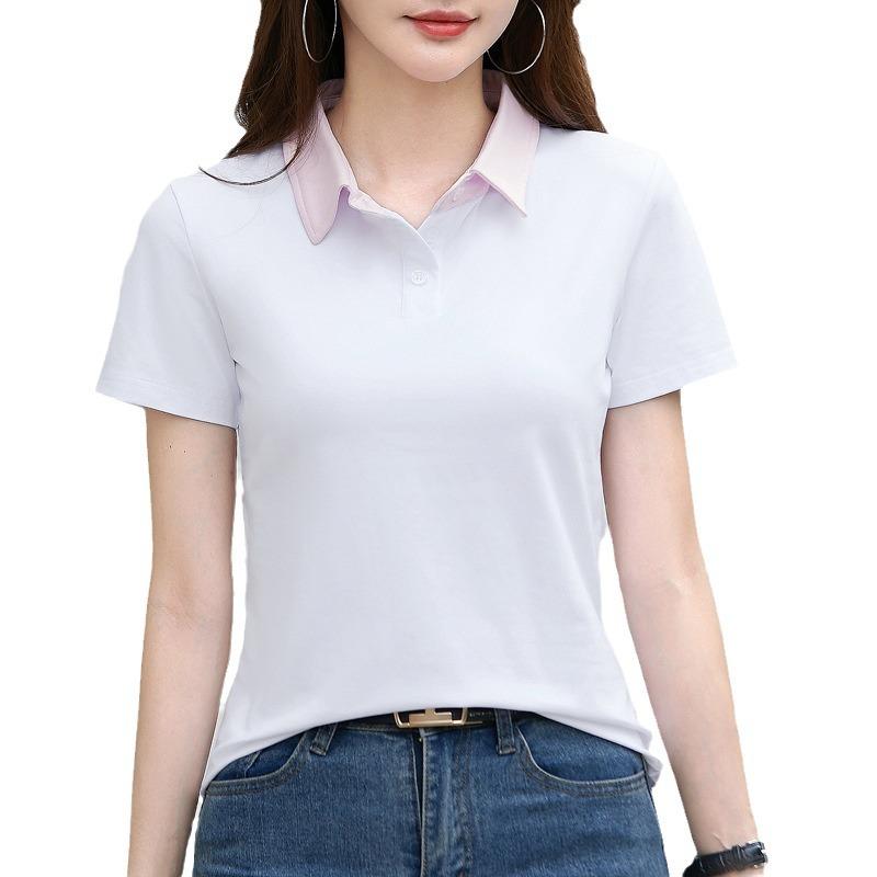 Summer Women's T-shirt Clashing Colour Lapel Short Sleeve Polo Shirt Tops