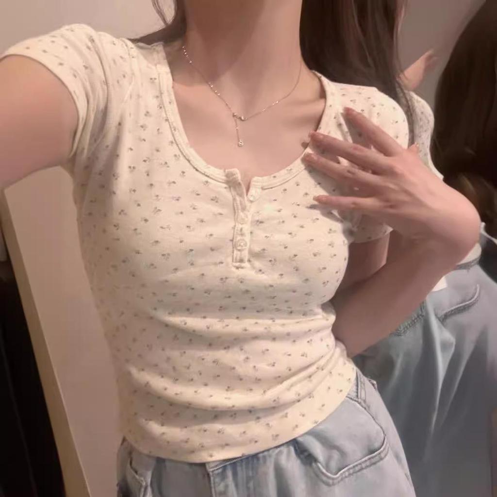 Women's Slim-Fit Floral U-Neck Cropped Top, Short-Sleeve Summer 2025 Design