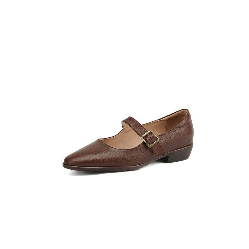 Krazing Pot Sheepskin Autumn Winter Shoes Buckle Straps Low Heels Mary Janes Size 40 Round Toe Brown Color Pumps