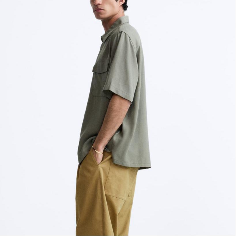Zara Solid Color Casual Loose Short Sleeve Shirt Men Shirts Khaki 4432491-505