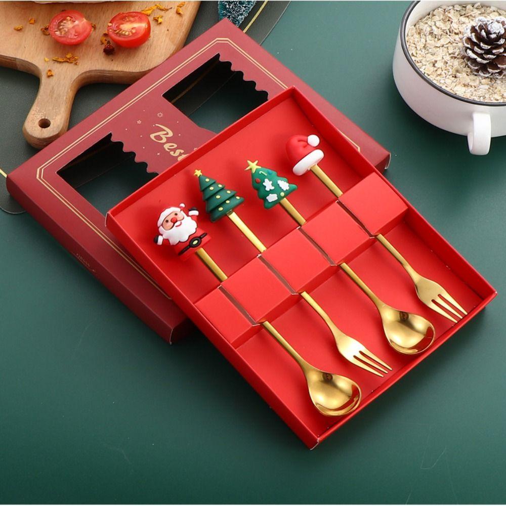 Mirror Polished Stainless Steel Spoon Set Tree/Star/Santa Motifs Mini Dessert Spoons  New Year