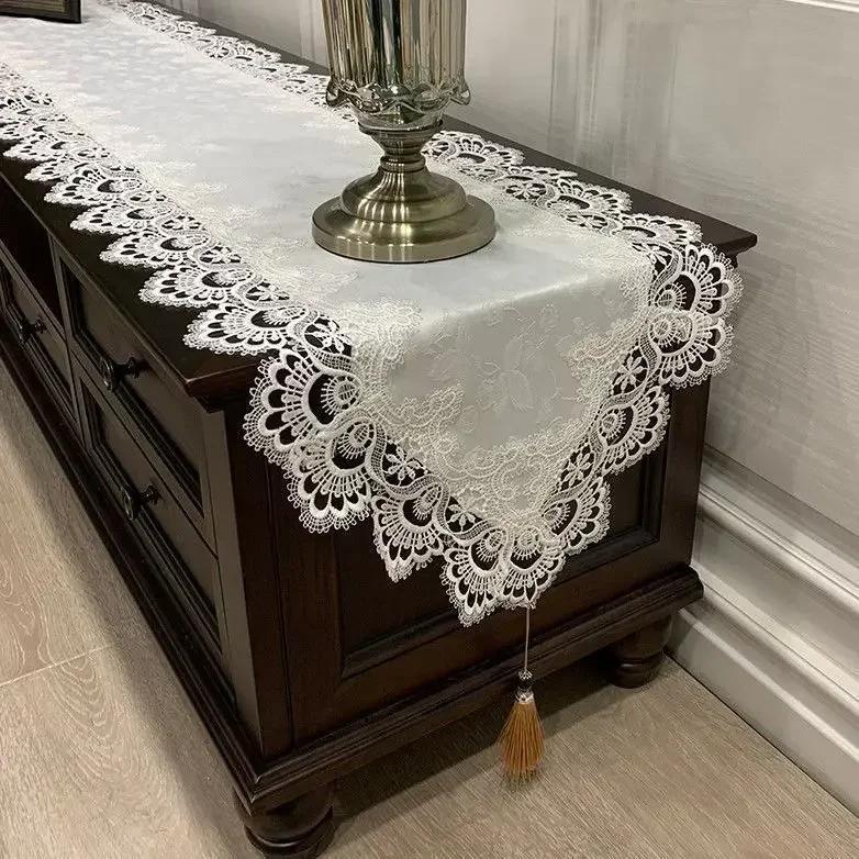 Tv Cabinet Lace Tablecloth  Embroidered Tassel Dining Table Flag Shoe Cabinet Long Striptransparent Yarn Dust Cover Cloth