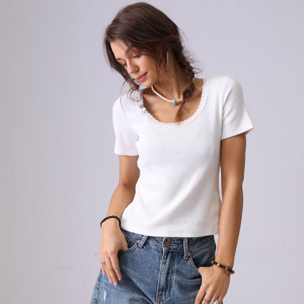 Summer women's clothing knitted short slim-fitting short-sleeved top European and American simple lace neckline elegant breathable elastic T-shirt