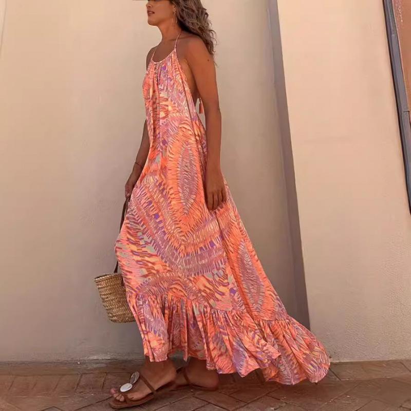 European & American Summer 2023 Women's Printed Spaghetti Strap Long Dress with Big Hem