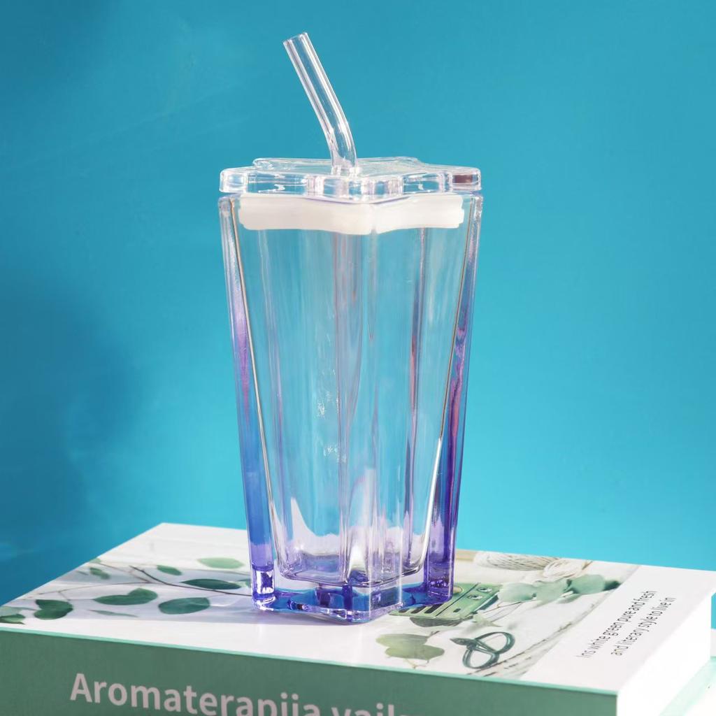 300ML Skleněný kelímek s brčkem ve tvaru pěticípé hvězdy ins Vysoká krása Gradientní hvězdný kelímek s víčkem Domácí Nové Síťové červené Kelímky na pití